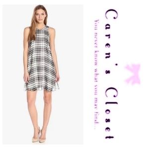 Calvin Klein Black & White Plaid Chiffon Trapeze Sleeveless Dress